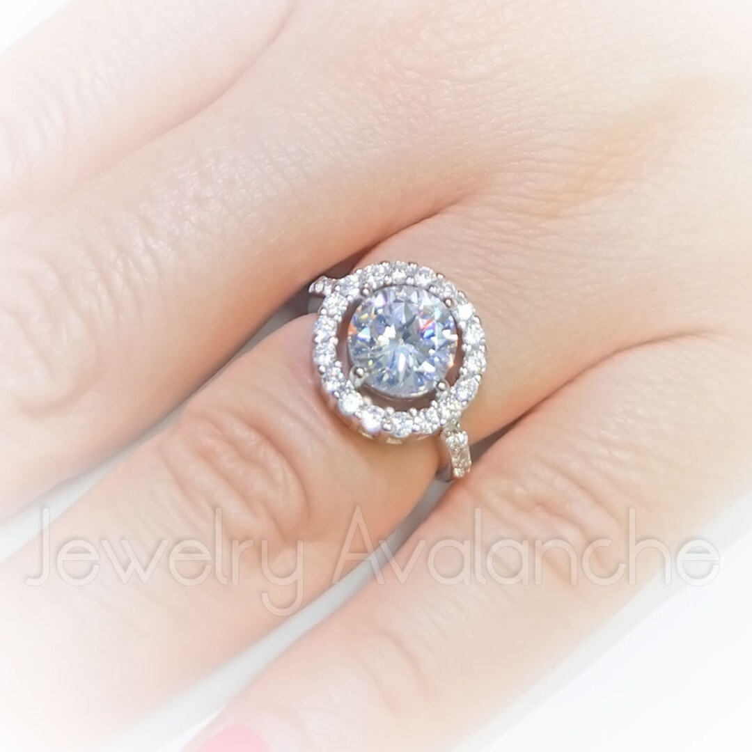 Ladies Promise Ring, Round Cut CZ Solitaire Ring Halo Round CZ Accent, Rhodium Plated .925