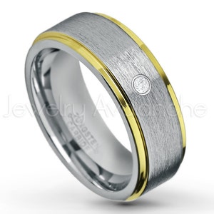 0.07ctw diamanten solitaire wolfraamband, april geboortesteenring, 2-tone geelgoud vergulde comfort fit wolfraamcarbide trouwring