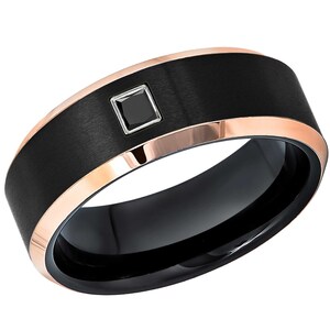 0.05ct - 0.10ctw Princess Cut Black Diamond April Birthstone Ring, 2-Tone Black & Rose Gold Beveled Men&#39;s Cobalt Wedding Band