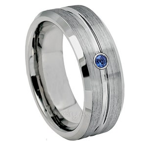 1-Stone Tungsten Wedding Ring, 0.07ct Sapphire Birthstone Ring, 9mm Beveled Edge Grooved Center Tungsten Carbide Anniversary Band TN141BS