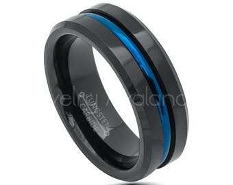 2-Tone Tungsten Ring, Tungsten Wedding Band, Mens Anniversary Band 8mm Polished Blue IP Center Comfort Fit Tungsten Carbide Ring TN733PL