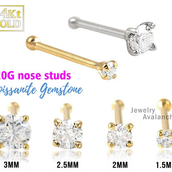 Solid 20G 14kt Gold Moissanite Nose Ring, Nose Bone Stud Prong Set Moissanite, 14kt Yellow Gold or 14kt White Gold Ball End Stud