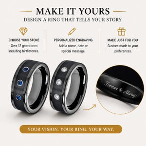 Puede incluir: Dos anillos negros con tres piedras cada uno, uno con piedras azules y otro con piedras claras. Un recuadro circular muestra el interior de un anillo negro con el texto grabado Forever & Always. El texto incluye MAKE IT YOURS, CHOOSE YOUR STONE, PERSONALIZED ENGRAVING, MADE JUST FOR YOU y YOUR VISION. YOUR RING. YOUR WAY.