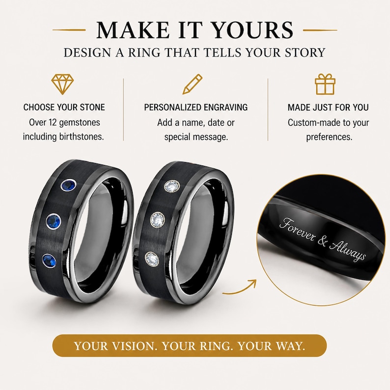 Puede incluir: Dos anillos negros con tres piedras cada uno, uno con piedras azules y otro con piedras claras. Un recuadro circular muestra el interior de un anillo negro con el texto grabado Forever & Always. El texto incluye MAKE IT YOURS, CHOOSE YOUR STONE, PERSONALIZED ENGRAVING, MADE JUST FOR YOU y YOUR VISION. YOUR RING. YOUR WAY.