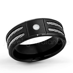 0,07 kt diamanten ring voor heren, geboortesteen april, zwarte titanium ring met geborstelde IP-afwerking, herenring dubbele kabel TM553-1GR