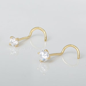 22G neusring, neuspiercing, 14 kt geelgoud of witgouden neusring met haak met rond geslepen zirkonia in stekerzetting