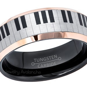 Mens Piano Tungsten Ring, Rose Gold & Black Tungsten Carbide Wedding Band, 8mm Comfort Fit Tungsten Anniversary Ring, Music Lover Ring