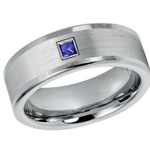 Princess Cut Cobalt Ring 0.05ctw - 0.10ctw Sapphire September Birthstone, Pipe Cut Men&#39;s Wedding, Anniversary Cobalt Band Comfort Fit