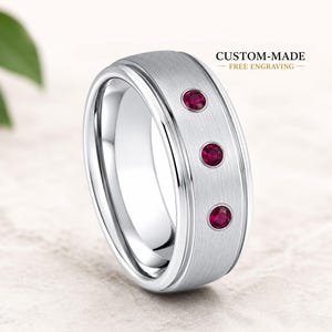 Mens White Tungsten Ruby Ring, Brushed Silver Wedding Band, Red Gemstone Anniversary Ring for Husband, Gift for Him, His Promise Ring