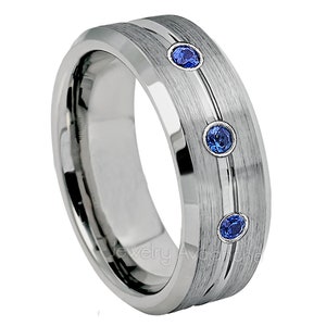 3-Stone Sapphire Tungsten Ring, 9mm Brushed Finish Grooved Center Tungsten Carbide Wedding Band, Beveled Comfort Fit Tungsten Ring TN141BS