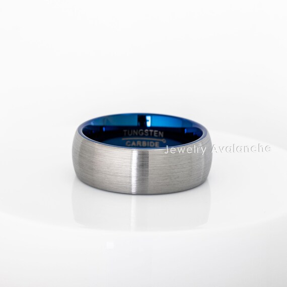 2-Tone Dome Tungsten Wedding Band - 8mm Brushed Finish Blue IP Inner Comfort Fit Tungsten Carbide Ring, Tungsten Anniversary Band