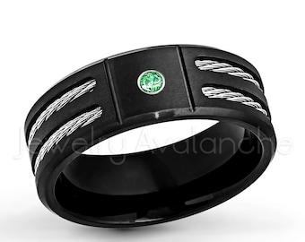 0.07ct Men's Tsavorite Garnet Ring, January Birthstone Ring, Black IP Brushed Finish Men's Titanium Ring, Double Cable Men's Ring TM553-1TVR