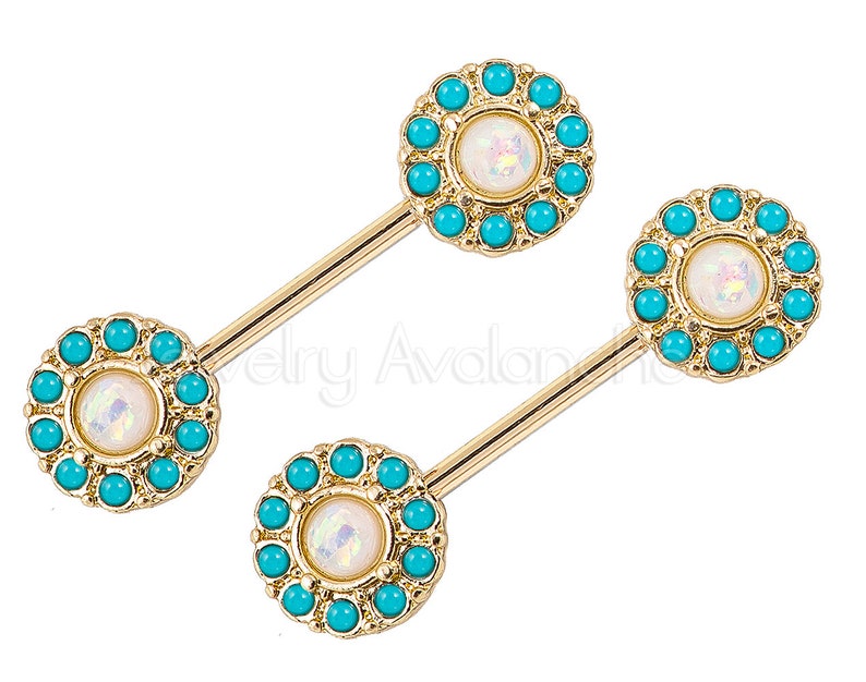 1-Pair 14G Opal Nipple Barbell Ring, Halo CZ Opalite Nipple Jewelry, Nipple Barbell Ring, Screw-on 316L Surgical Steel, Body Jewelry image 8