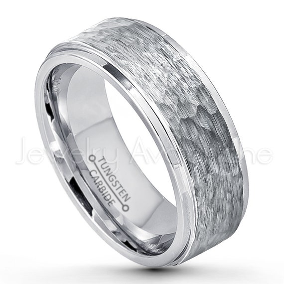 9mm Hammered Finish Tungsten Wedding Band, Stepped Edge Comfort