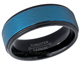 Fede nuziale in tungsteno bicolore, Anello in tungsteno blu e nero spazzolato da 8 mm, Anello in carburo di tungsteno dalla vestibilità comoda, Fascia anniversario in tungsteno TN709PL