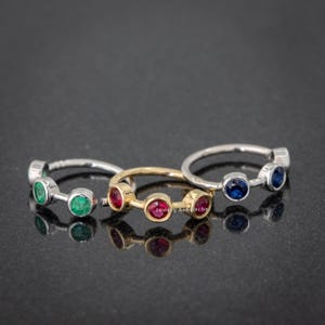 Personalized 14K Yellow Gold Nose Ring 20G Bezel Set 3-STONE Gemstone-Diamond Nose Hoop, 8mm Nose Ring, Cartilage Helix Ring, Tragus Ring