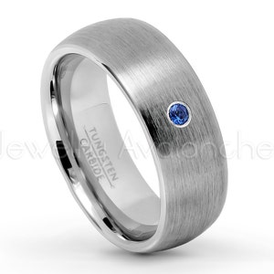 0,07 ctw blauwe saffier solitaire wolfraamband, september geboortesteenring, 8 mm geborsteld comfort fit wolfraamcarbide koepeltrouwring