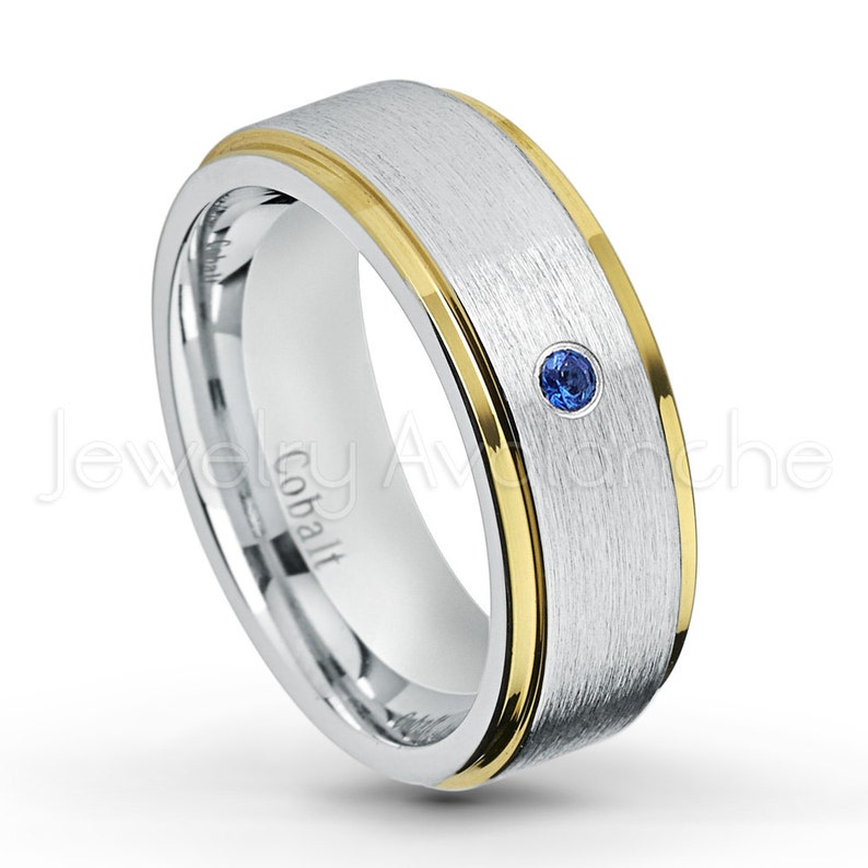 September Birthstone 0.07ct Blue Sapphire Birthstone Ring 2-tone Cobalt Wedding Band Yellow Gold Plated Comfort Fit Cobalt Ring 1CT422
