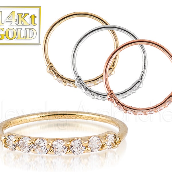 Solid 14kt Yellow Gold Nose Ring, 20G Nose Hoop Ring, 8mm Diameter, CZ Accented Nostril Ring, Cartilage Helix Ring, Tragus Ring