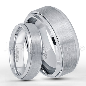 Tungsten Wedding Band Set, 6mm & 9mm Brushed Finish Tungsten Carbide Bride and Groom Wedding Rings, Matching Anniversary Rings
