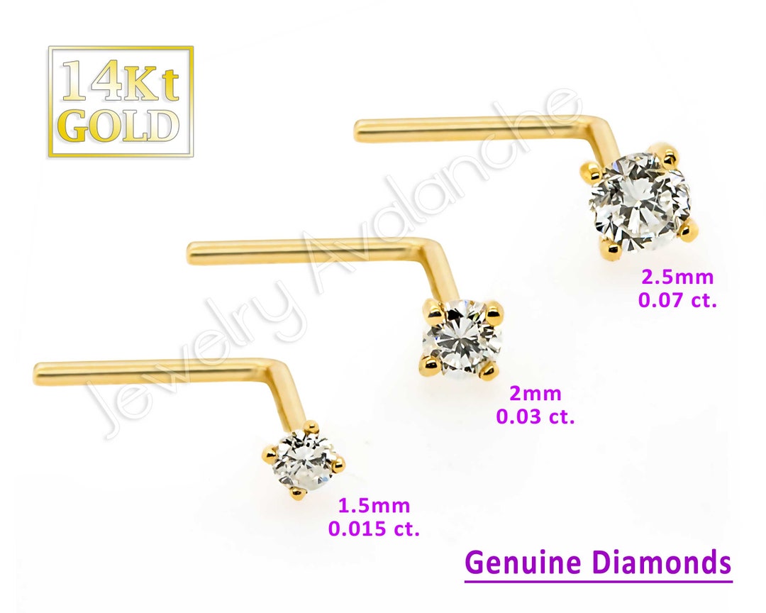 22G Nose Lshape Nose Stud Solid 14kt Gold Prong Set Real Diamond Nose