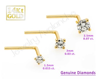 FreshTrends 14K Yellow Gold Diamond Nose Ring L-Shape with Bezel Setting I1 20 Gauge 