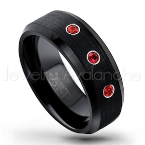 0.21ctw Ruby 3-stone Tungsten Band, July Birthstone Ring, 8mm Brushed Black Ion Plated Comfort Fit Tungsten Carbide Wedding Ring TN166BS