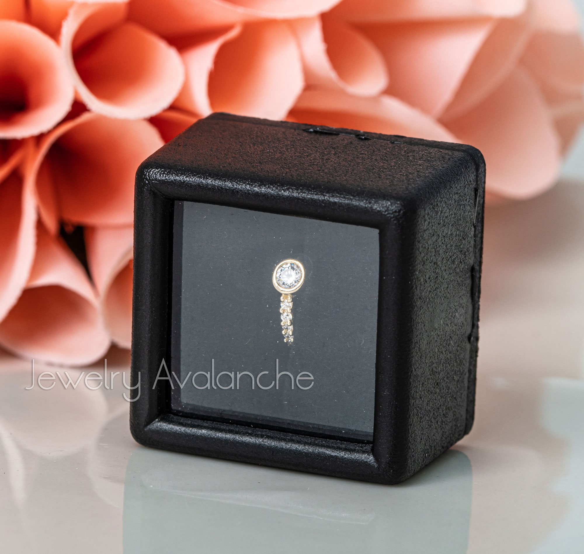 Solid 14K Yellow Gold Nose Ring Bezel & Prong Set CZ Stones, 20G  