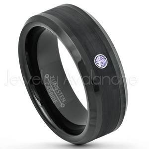 Zwarte wolfraamring voor heren, 0,07 kt tanzanietring, ring met geboortesteen december, 8 mm afgeschuinde rand, comfortabele pasvorm wolfraam trouwring