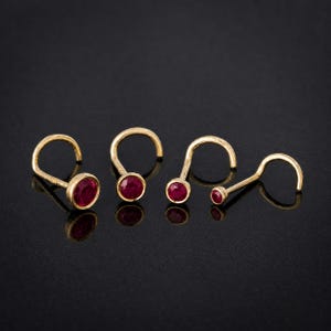 Bezel Set Ruby Nose Ring, Solid 14K Yellow Gold / White Gold Nose Screw Stud, 22 Gauge, Cork Screw, July Birthstone, Red Stone Stud
