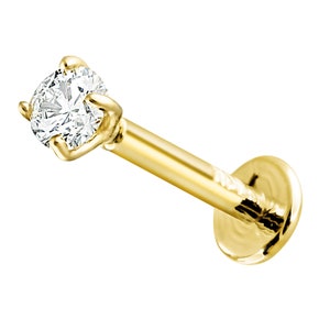 14K Yellow Gold Diamond Labret Stud, 6mm-8mm 16G Post Monroe Lip Ring, Internally Threaded Nose Stud, Unisex Tragus Stud Prong Set Diamond