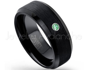 0.07ct Mens Emerald Tungsten Ring, Comfort Fit Black Tungsten Carbide Wedding Ring, May Birthstone Ring, Brushed Anniversary Band TN166BS