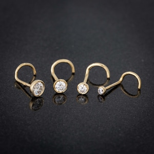 Solid 14kt White / Yellow Gold 22G Nose Screw Stud with Bezel Set Moissanite Cork-screw Stud, Unisex Nose Piercing Jewelry, Nose Ring Stud