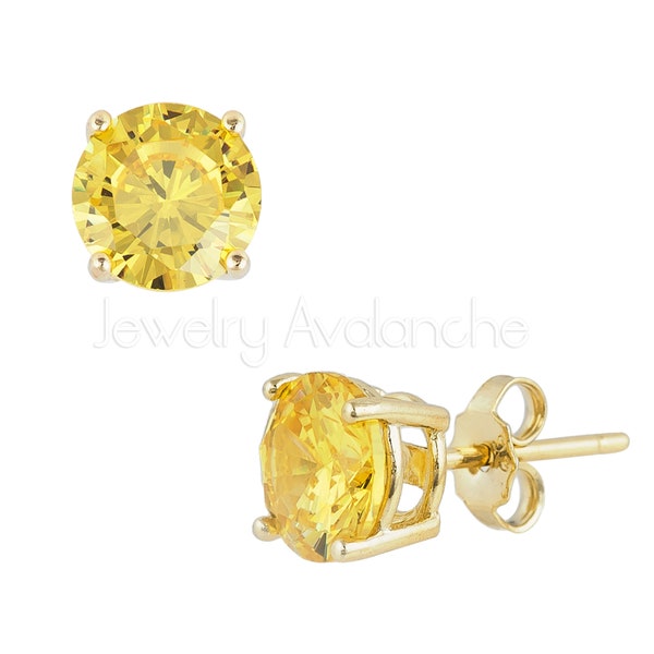 Yellow CZ Stud Earrings, Yellow Gold Plated .925 Sterling Silver Stud Earrings, Prong Set Stud Earrings, Ladies CZ Solitaire Earrings