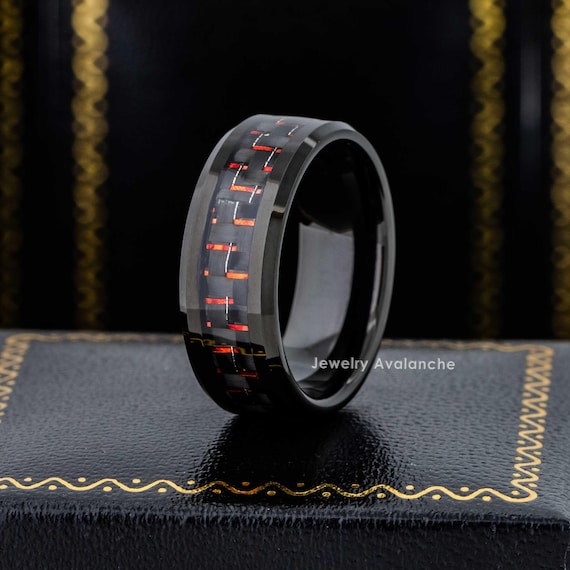 Beveled Black Tungsten Wedding Band, Men's Tungsten Ring, Black Ion Plated, Black Carbon Fiber Inlay, Comfort Fit, Personalized Ring