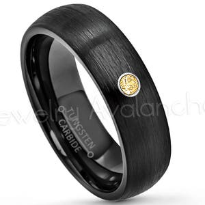 6mm Dome Black Tungsten Ring, 0.07ct Citrine Ring, Black IP Tungsten Wedding Band, November Birthstone Ring, Brushed Comfort Fit TN233BS