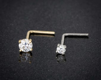 22G Nase L-Form Nasenstecker massiv 14kt Gold Prong Set Moissanite Edelstein Nasenring, 14kt Gelbgold Bolzen, 14kt Weißgold Bolzen