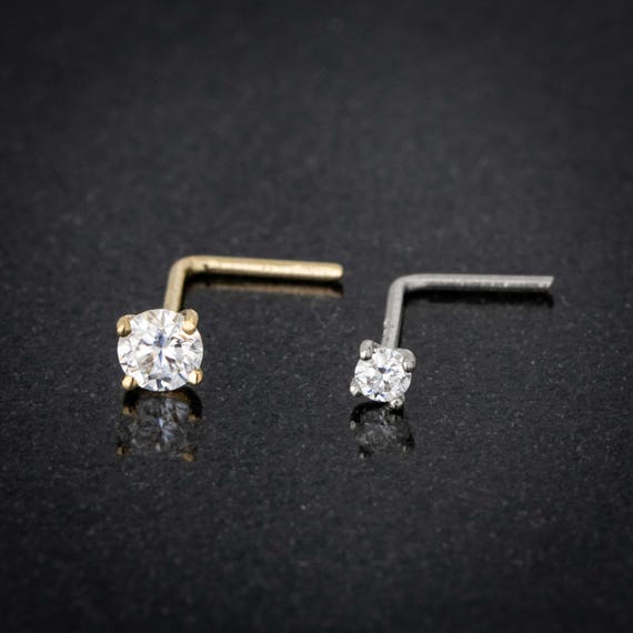 22G Nose L-Shape Nose Stud Solid 14kt Gold Prong Set Moissanite Gemstone Nose Ring, 14kt Yellow Gold Stud, 14kt White Gold Stud