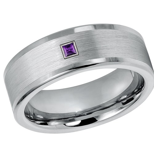 Princess Cut Cobalt Ring 0.05ctw- 0.10ctw Amethyst February Birthstone, Brushed Pipe Cut Men's Wedding, Anniversary Band Comfort Fit shops CT021PS