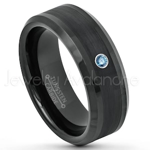 0,07 kt blauwe diamanten ring, zwarte herenring wolfraam, geboortesteen april, 8 mm afgeschuinde rand comfort fit wolfraam trouwring