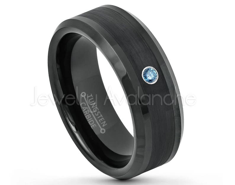 8mm Beveled Edge Comfort Fit Tungsten Wedding Band TN663BS Mens Black Tungsten Ring April Birthstone Ring 0.07ct Blue Diamond Ring