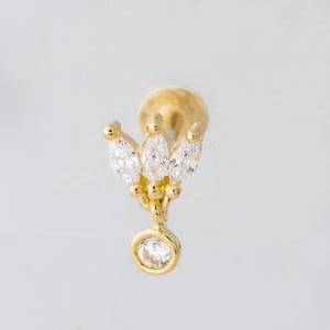 14K Gold CZ Labret Stud: Three-Petal Dangle, Internally Threaded