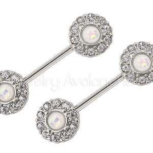 1-Pair 14G Opal Nipple Barbell Ring, Halo CZ Opalite Nipple Jewelry, Nipple Barbell Ring, Screw-on 316L Surgical Steel, Body Jewelry image 3