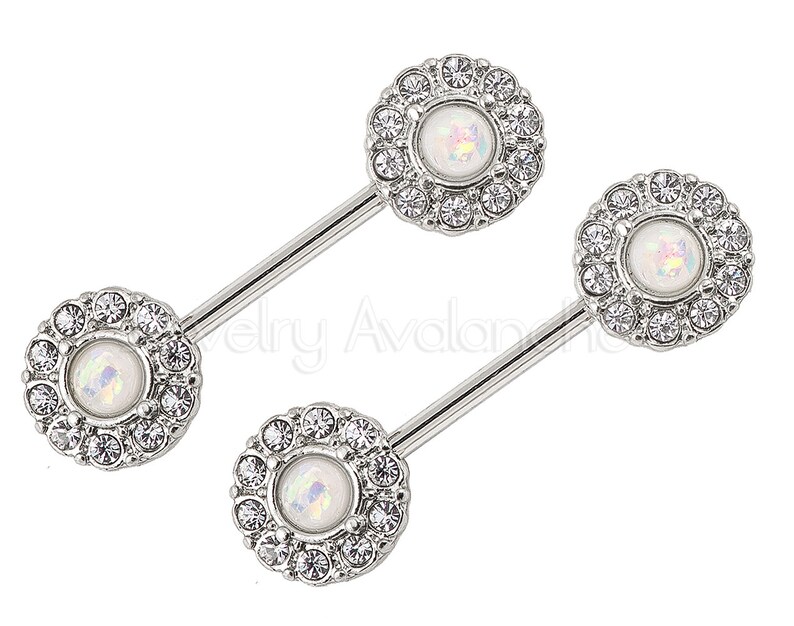 1-Pair 14G Opal Nipple Barbell Ring, Halo CZ Opalite Nipple Jewelry, Nipple Barbell Ring, Screw-on 316L Surgical Steel, Body Jewelry image 3