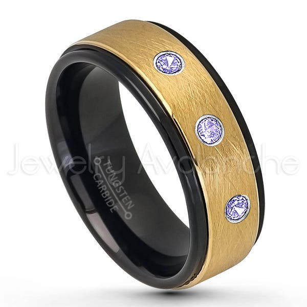 3-Stone Tanzanite Birthstone Ring - 2-Tone Sandblasted Tungsten Ring, Tungsten Wedding Band