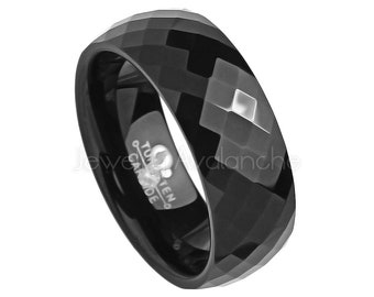 Black Dome Faceted Tungsten Ring, Polished Black IP Comfort Fit Tungsten Carbide Ring, Anniversary Ring, Engagement Ring 4mm-6mm-8mm TN169PL