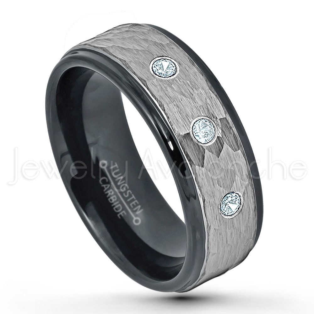 Jewelry Avalanche 0.21ctw Tsavorite Garnet & Diamond 3-Stone Tungsten Ring 9MM Comfort Fit Brushed Finish Beveled Edge Tungsten Carbide Wedding Band