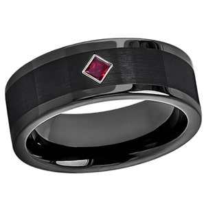Pipe Cut Black Cobalt Ring 0.10ctw Princess Cut Ruby Cobalt Brushed Center Wedding Band, Men&#39;s Birthstone Ring, Anniversary Band Comfort Fit