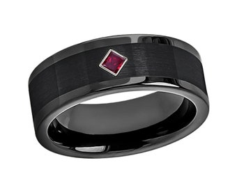 Pipe Cut Black Cobalt Ring 0.10ctw Princess Cut Ruby Cobalt Brushed Center Wedding Band, Men&#39;s Birthstone Ring, Anniversary Band Comfort Fit