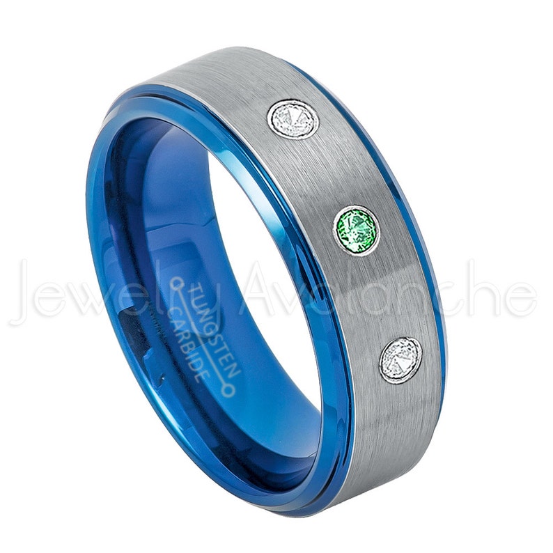 0.21ctw Emerald /& Diamond 3-Stone Tungsten Ring Brushed 2-Tone Blue IP Comfort Fit Tungsten Wedding Ring TN744BS May Birthstone Ring